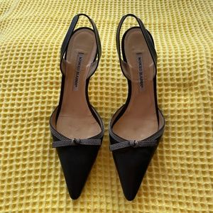 Manolo Blahnick Black Leather Slingbacks with Bow